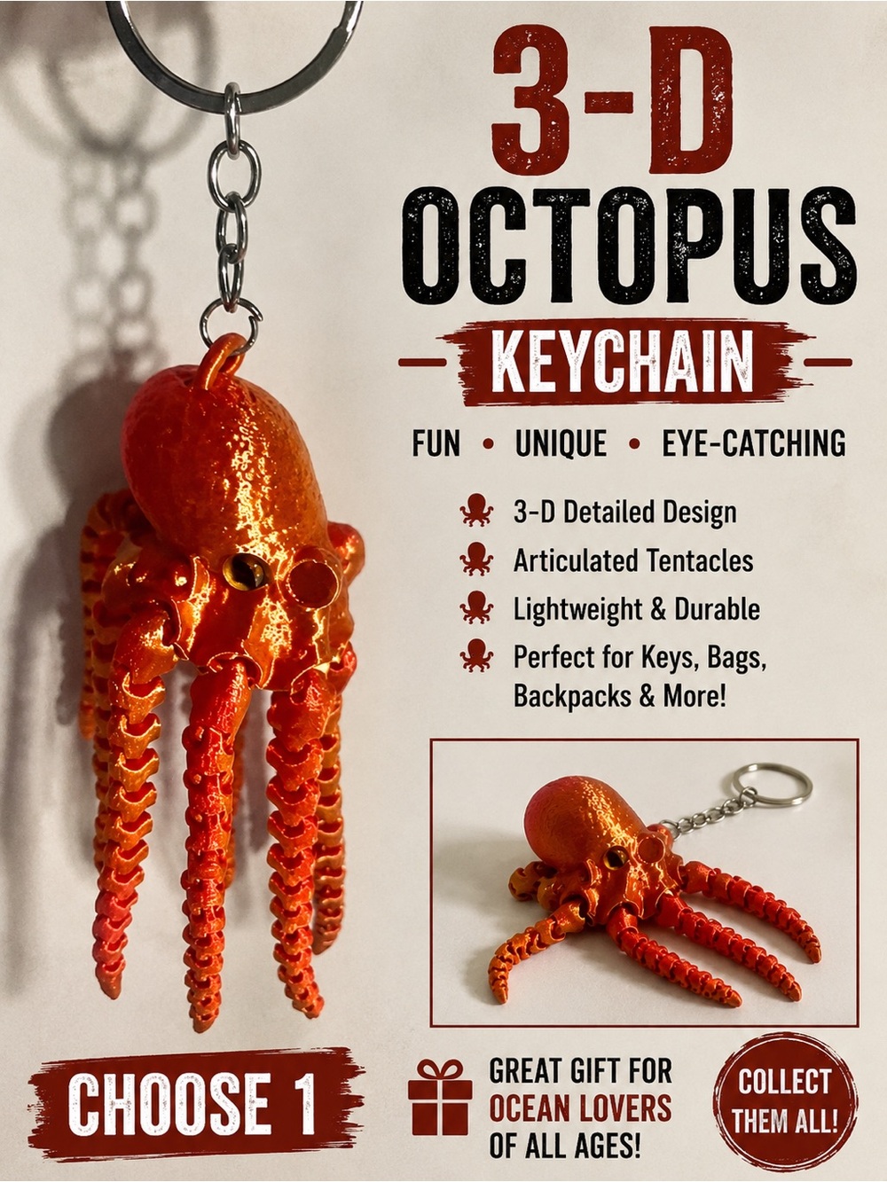 3-D Print Orange Octopus Keychain Charm